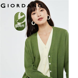 GIORDANO Women Cardigans Contrast Color Fake 2-Piece V-Neck Cardigans Button Closure Warm Fashion Casual Cardigans 18353206