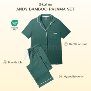 Kalma Bamboo Sleepwear Pajama Set for Women (PINE) | Short Sleeve Button Up Shirt with Long Pants | Andy Collection