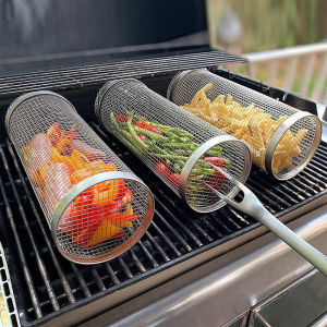 Multi-dimension 20/25/30/40cm BBQ Rolling Grill Basket Basket Wire Mesh Cylinder Grill Basket Stainless Steel Rolling Grilling Basket Portable Outdoor Camping Barbecue Rack Barbecue aid