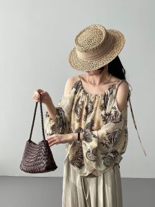 2026 Early Fall Women Relaxed Youthful Halter Off‑Shoulder Blouse Ink Wash Print Chiffon Top