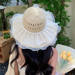 Mũ đi biển nữ xinh cói nhân tạo nón vành uốn rộng che nắng tiểu thư chụp ảnh đẹp phối hạt sắc màu rẻ