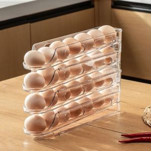 GUHEHARD 2PCS Clear Automatic Slide Egg Storage Box Plastic Stackable Roll Off Egg Storage Rack Eggs Dispenser Large Capacity Egg Storage Trays for Kitchen