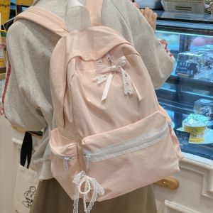 HETU070703. Nylon Material Nylon Shoulder Bag Lace Bow Detail Solid Color Large Capacity Backpack Japanese Style Large Capacity Solid Color Backpack For High School Students