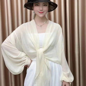 New strappy chiffon solid color sunscreen shawl loose sunscreen clothing driving cycling travel air conditioner clothing thin jacket
