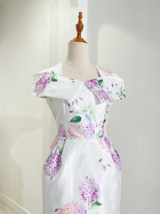 [Voucher 15% MOV 199K cap 100K  Đầm HeraDG dáng ôm chữ A bản vai ngang xếp ly họa tiết hoa cẩm tú cầu thanh lịch chất tafta cao cấp SDPBD2015