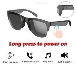 Black sunglasses with Bluetooth features. Long press to power on. Open ears. Call via Bluetooth. Play music. Built-in speaker.