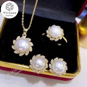 Viviann Fashion White Pearl Jewelry Set Necklace Pendant Ring Stud Earrings 8-9mm Pearls 14k Gold 925 sterling Silver Wedding women classic earrings necklace rings fashion jewelry sets