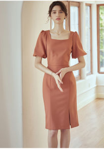 Đầm cam tay phồng cổ vuông dáng suông trơn