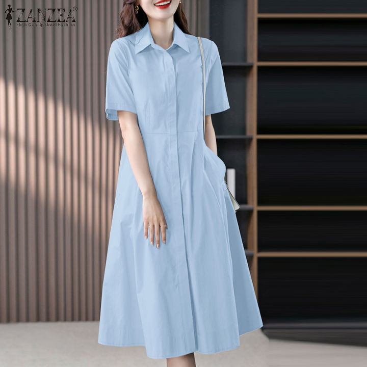 ZANZEA Korean Style Women Office Turn-Down-Collar Dresses Side Pockets ...