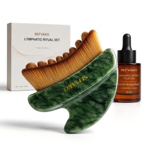 Lymphatic Contour Face Brush Dual-Ended Dry Brush + Cool-Touch Jade Gua Sha Edge 0.075mm Ultra-Soft Bristles Gua Sha Facial Tools for Lymphatic Drainage Less Puffy Look Sculpt & Relax
