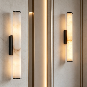 Modern Luxury Spain Natural Marble Tube LED Wall Lamp Living Room Restaurant Hotel Bedroom Black Gold Copper Base Sconces Light