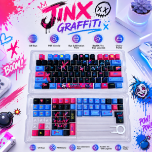 FANTASY T MALL JINX Graffiti  Keycap Set 129 Keys Keycap Collection PBT Keycaps with Dye Sublimation Print Side Legends Cherry Profile Backlit Design Durable Mechanical Keyboard Keycap Kit Gaming Setup Custom Replacement Keycaps Upgrade