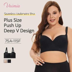 【OFFICIAL】Veimia Glossy Non-marking Deep V Large Size Push Up Bra Cover Armpit Fat Satin-finish Seamless Bra With Luminous Underwire Deep V-neck Support For Small BustsSide Boob Reduction And Back Shaping Bra