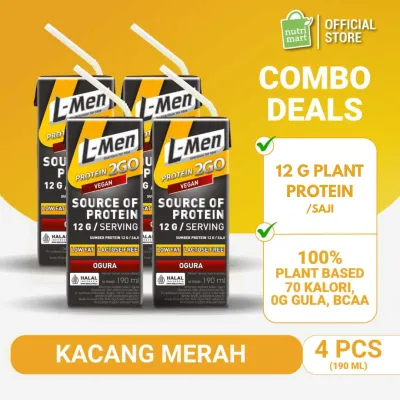 L-Men UHT PlantProtein 2GO Ogura / Kacang Merah 190ml (4pcs) with 12g Protein & 16g BCAA / Serving - Suplemen Tinggi Protein Nabati Siap Minum