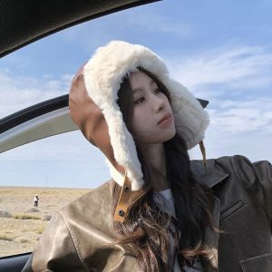 AINACHU Solid Color Ear Protective Hat Leather Windproof Warm Faux Fur Hats Trendy Ski Winter Pilot Hat