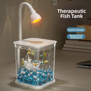OUTOPEN INS Bể cá mini để bàn Sáng tạo Thoáng khí Bể cá cảnh Thực tế có đèn LED Bể cá Betta nhỏ Trang trí nhà cửa
