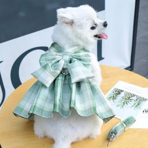 HATELI Dog Dress with Leash Bow Pet Harness Skirt Vest Clothes Pet Dog Dress Up Harness Clothing Traction Rope Princess Dress Cats Clothes Rabbit Harness Lattice Skirt for Small Medium Dogs