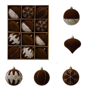 JPTD 12Pcs Plastic Velvet Christmas Ball Set Glitter Shatterproof Flocked Ball Gift Box Atmosphere Decor With Lanyards Xmas Tree Hanging Baubles Holiday Tree Decor