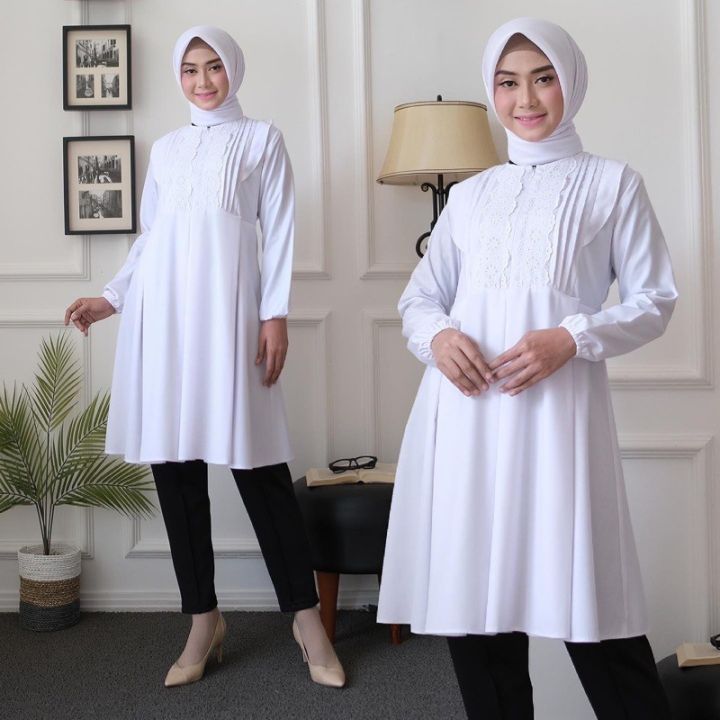 Sakhapremium.id Tunik Baju Putih Wanita Terlaris Atasan Putih Tunik Wanita Millenial Lengan Panjang Jumbo XXL 4L