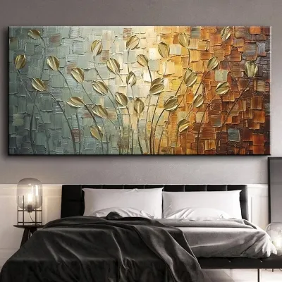 Nordic Abstract Golden Leaves Flowers HD oil painting printing on Canvas Wall Art Posters Prints Wall Pictures for Living Room Home Cuadros 1PCS Wooden Inner Framed or Frameless (or Black Aluminum Alloy Framed)