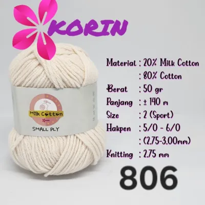 Benang Rajut Katun Susu 4 Ply 50gr/ Small PLY Milk Cotton / Cotton Yarn Milk 4ply Korin