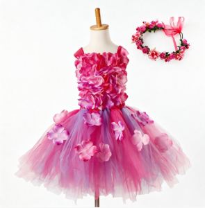 11.11 Pink Sweet Petal Elegant Unique Design Floral Printed Tutu Dress With Flower Hedaband Set Stage Performance Holiday Party Wear h2610