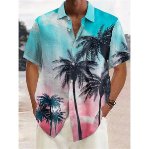 Fashion mens summer short-sleeved coconut tree 3D printed shirt Hawaii seaside holiday casual shirt mens 2026 plus size