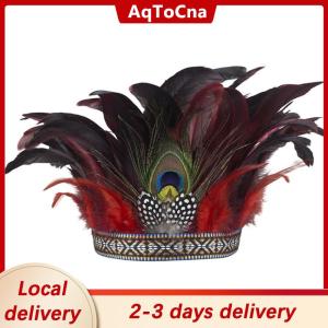 [COD] AqToCna Ship within 24 hours Fashion Feather Crown Headbands With Strap Decorative Headdress Indian Crown Hair Band Halloween Cosplay Headwear