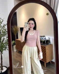 Set Bộ Nữ Áo Len Tăm Hàn Phối Quần Dài Suông Phong Cách Dịu Dàng Freesize <56kg Hoài Cheeze