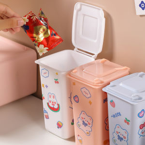Mini Desktop Trash Can Small Garbage Recycling Bins Pen Holder Cute Storage Bin With Lid Cartoon Sticker Home Office Use ﻿
