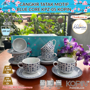 KOPIN cangkir set 6pasang + tatakan motif blue core porcelain keramik / gelas coffee tea set cup and saucer / kopi teh