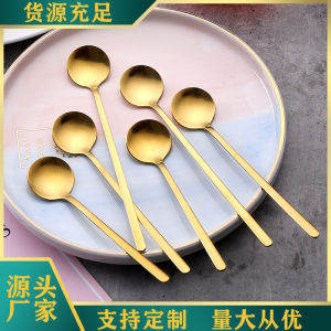 QIHUISHI ช้อนทองสแตนเลสสำหรับเสิร์ฟเครื่องกวนกาแฟและน้ำผึ้ง-หรูหราในสไตล์มินิช้อนกลม