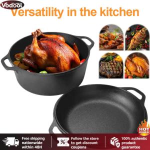 [Vodool Tool Outlet]2 in 1 Iron Dutch Oven with Dual Handles Dutch Oven Pot Skillet Cookware Pan Set for Camping BBQ