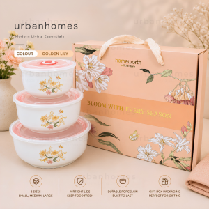 𝗨𝗥𝗕𝗔𝗡𝗛𝗢𝗠𝗘𝗦 3pcs Ceramic Bowl Set with Air-Tight Lid | Microwave Safe Food Container | Elegant Wedding Gift Set | Kitchen Essentials Set Pinggan Mangkuk Seramik | Hadiah Kahwin | Mangkuk Simpanan Makanan for Home Kitchen Pantry