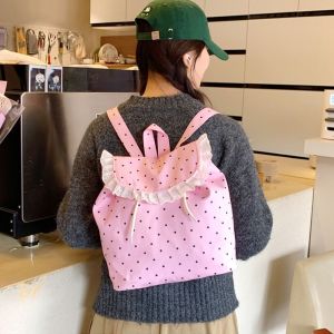 LANGJ น่ารักน่ารักๆ กระเป๋าเป้สะพายหลัง ruffles คาวาอิ กิจกรรมกลางแจ้งกลางแจ้ง กระเป๋านักเรียนสำหรับเดินทาง เกาหลีแบบเกาหลี หวานหวานแหววว กระเป๋าเป้สะพายหลังเชือกรูด สำหรับวัยรุ่น