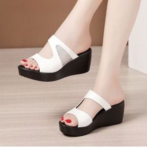 [Free Shipping] Soft Leather Fish-Mouth Mesh Sandals For Women Suitable For Outdoor Wear 2026 Summer Collection With A Wedge Heel Waterproof Platform Versatile Design And Thick Soles