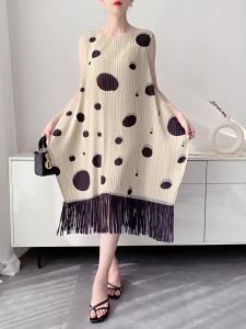L-1162F. # One Size (45-75kg) Miyake Style Tassel Print Summer Dress Women Pleated Youthful Loose Fit Plus Size Mid-Length