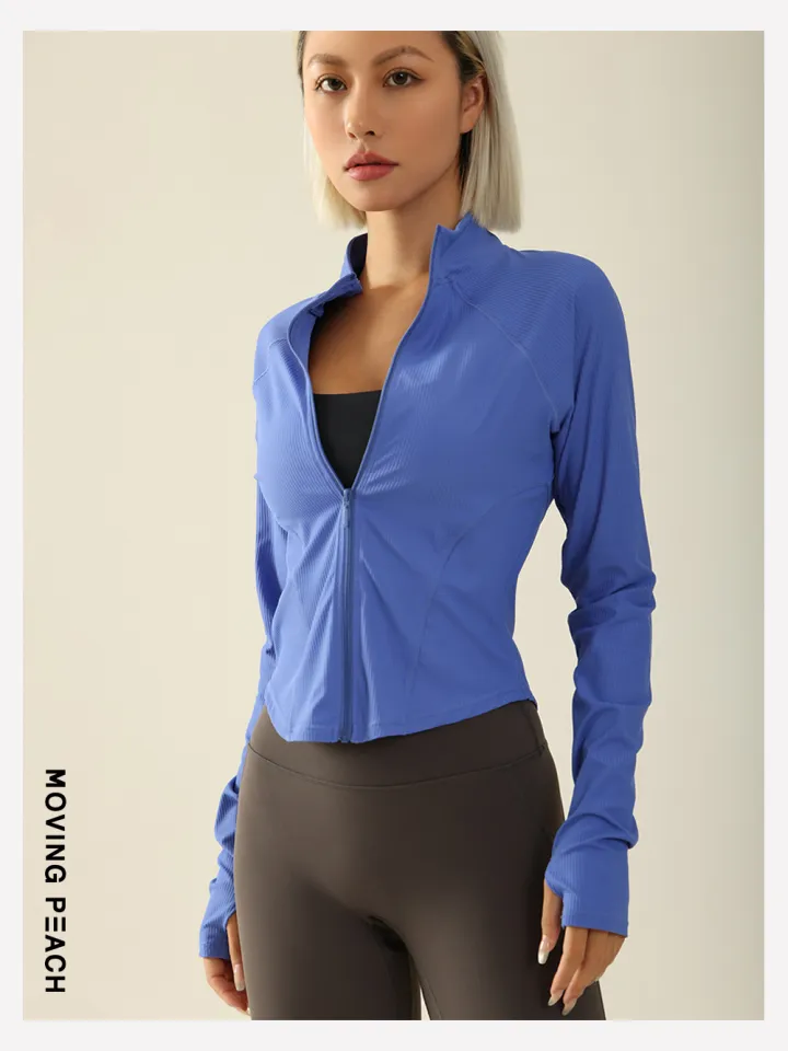 Moving Peach Women Sports Jacket Ribbed Slim Fit Yoga Long Sleeve with  Thumbholes U shape hem Buttery Soft Quick dry Running Gym Pilates dance ASR