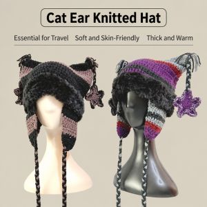 BG9T Striped Knitted Trapper Hat Five-Pointed Star Pendant Cat Ear Beanie Knitted Woolen Hat Warm Ear Protection Beanie Hat For Women