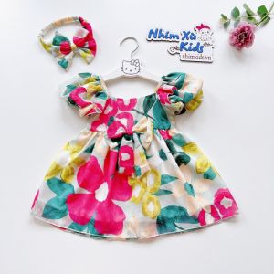 (4-64kg) Váy Mẹ Và Bé Gái Tơ Lụa Hoa Xanh Đầm Bé Gái Chất Tơ Lụa Nổi 2 Lớp V073