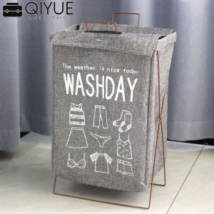 Foldable Laundry Basket with Handle - Iron Frame Waterproof Storage Basket Large Collapsible Clothes Hamper (Linen Material)