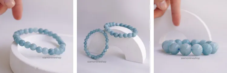 AQUAMARINE หินอความารีน เลือกขนาดเม็ดหินได้ (4-14 มม.) หินแห่งความสงบและปกป้อง สร้อยข้อมือหินแท้