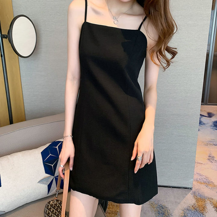 SHUFU 5182 Ready Stock korean a-line dress for women plus size halter  cropped plain sling Sleeveless chiffon long dress off shoulder black |  Lazada