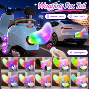 SJJL Colorful Lights Remote Control Electric Car Tail Rechargeable Fluffy Bicycle Wagging Moving Tail Creativity Realistic Voice Control Fox Tail All Vehicles