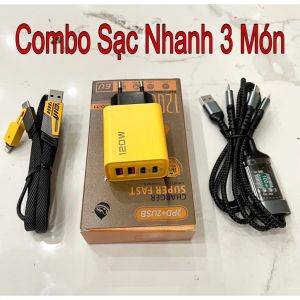 Combo Sạc Nhanh 3 Món : Củ Sạc Nhanh 120w 4 CổngCáp Sạc Nhanh 100w 3 Đầu Cáp Sạc 4 Đầu (Cáp 4in1)