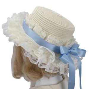 Breathable Straw Bonnet Hat Comfortable Victorian Theme Event Hat With Lace Trim and Bowknot For Cosplay Gatherings