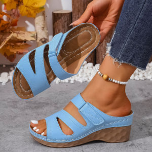 Free Shipping New Plus-Size WomenS Summer Open-Toe Slip-On Sandals With Thick Soles And Wedge Heels Perfect For The Beach