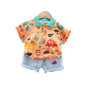 Pakaian anak-anak pakaian anak usia 0-4 tahun Kaos Kerah Mobil Kartun Full Print Lengan Pendek Celana pendek denim Kartun gaya seni lucu musim panas set dua potong baru