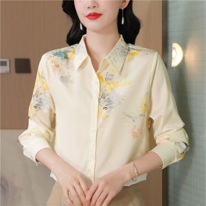 Ammin Áo sơ mi in graffiti thời trang ve áo đơn giản mới mùa xuân và mùa thu 2025 cho kiểu Pháp cho nữ áo blouse thanh lịch Tay áo dài in hoa đơn hàng cúc tinh tế