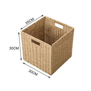 High-capacity Foldable Storage Basket with Plaid Lining with Lid& Handle Imitate Rattan Weave Bakul Simpanan